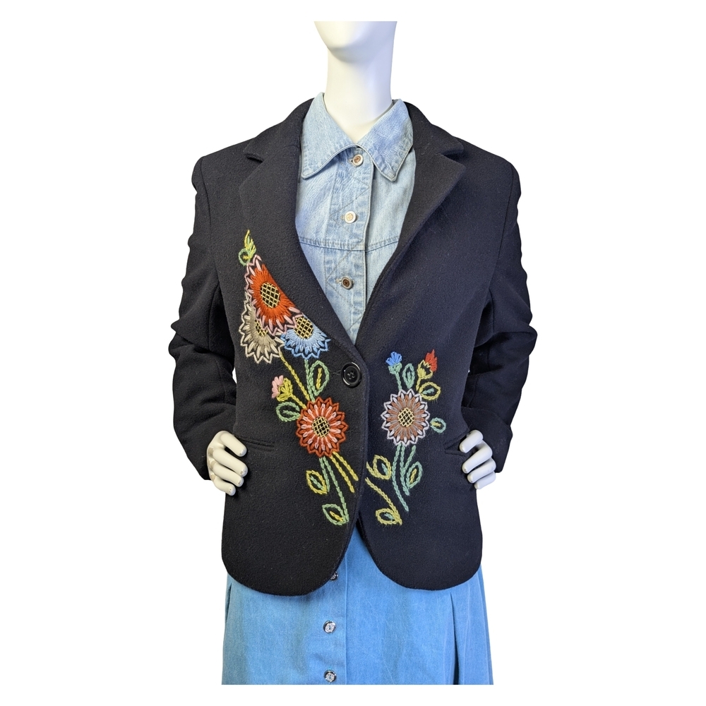 Unique Embroidered Floral Wool Blend Blazer Folk Art Boho Jacket | Size M